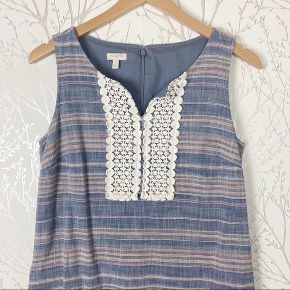 TALBOTS Sleeveless Cotton Stripe Split neck Sheath Dress 6 Blue Pockets - Picture 3 of 13